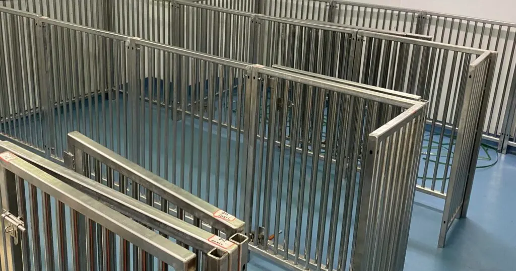 Stainless steel animal holding pens with hinged gates, latches and a sealed hygienic floor, fabricated by TCB Metal Works for the University of Miami research facility