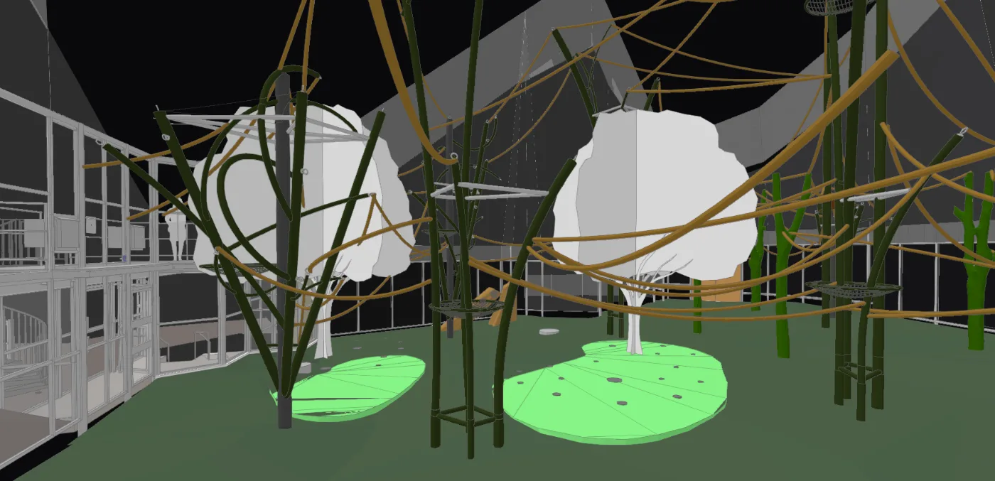 Zoo enclosure design render showing steel climbing structures, aerial containment mesh, planted platforms and keeper access areas